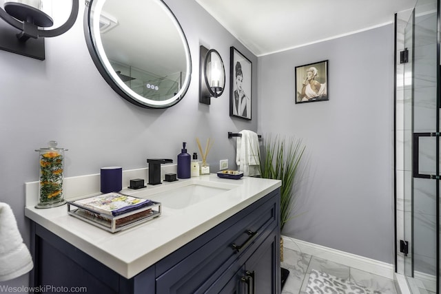 5036 Ozark Ave, Norridge, IL 60706 - full bath featuring marble finish flooring, vanity, a shower stall, and baseboards