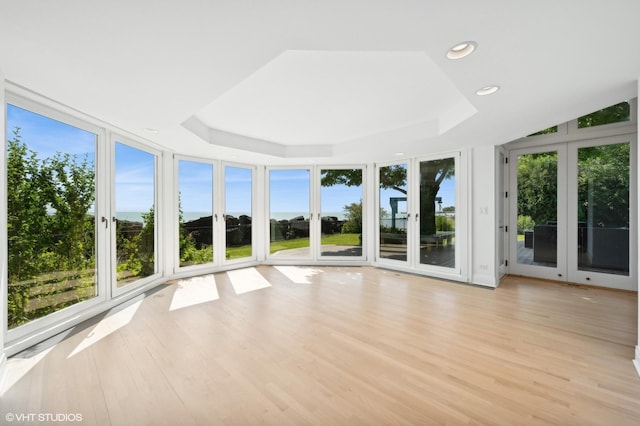 90 Kedzie St, Evanston, IL 60202 - unfurnished sunroom with a tray ceiling, healthy amount of natural light, wood finished floors, a wooden deck, and recessed lighting