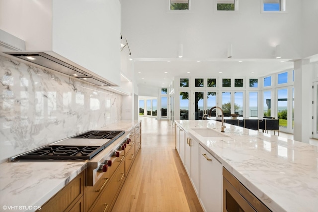 90 Kedzie St, Evanston, IL 60202 - kitchen featuring appliances with stainless steel finishes, wall chimney exhaust hood, light wood-style flooring, a sink, and light stone countertops