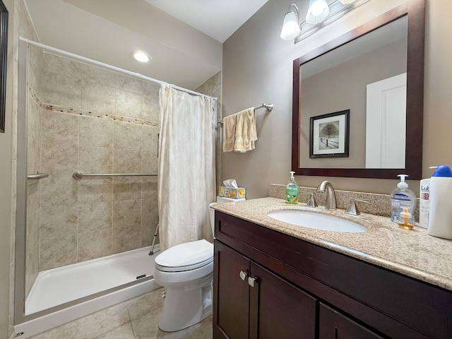 258 Brookside Ln Unit B, Willowbrook, IL 60527 - bathroom with vanity, toilet, tile patterned flooring, a tile shower, and recessed lighting
