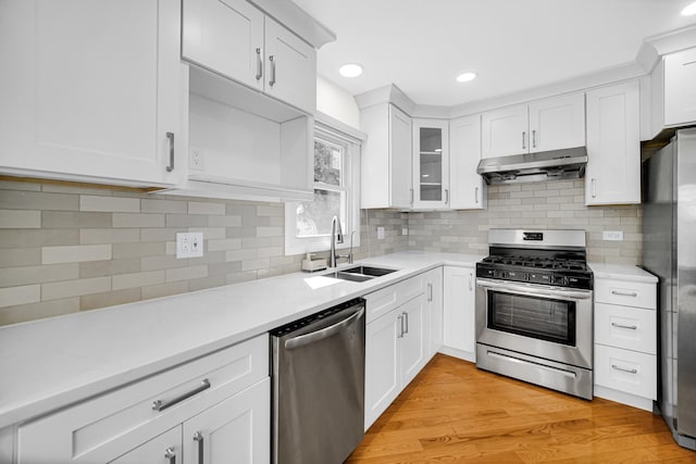 3795 Whispering Trails Dr, Hoffman Estates, IL 60192 - kitchen with appliances with stainless steel finishes, under cabinet range hood, a sink, light countertops, and white cabinetry