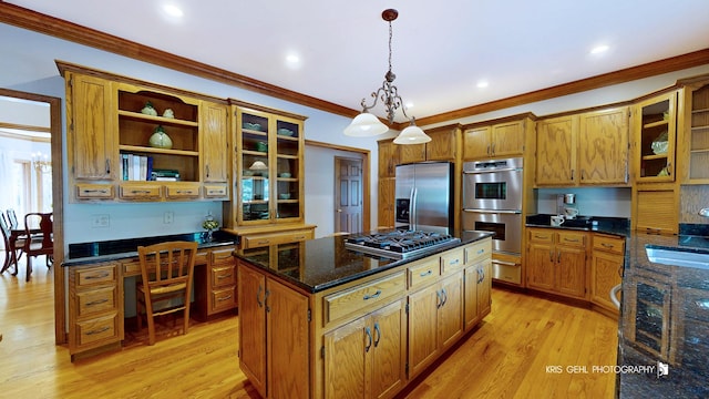 1420 Greenlake Dr, Aurora, IL 60502 - kitchen with stainless steel appliances, open shelves, a kitchen island, a warming drawer, and brown cabinets