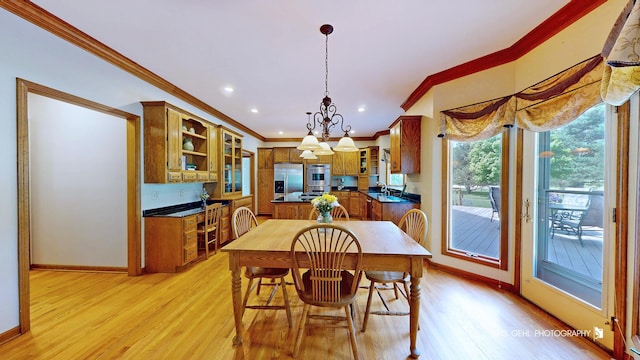 1420 Greenlake Dr, Aurora, IL 60502 - dining room featuring crown molding, light wood-style floors, a chandelier, and recessed lighting