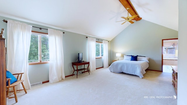 1420 Greenlake Dr, Aurora, IL 60502 - carpeted bedroom featuring beam ceiling, high vaulted ceiling, and a ceiling fan