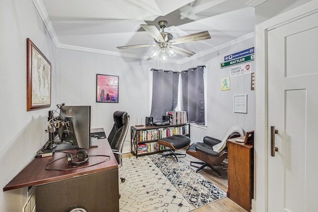 1049 Fowler Ave, Evanston, IL 60202 - home office featuring a ceiling fan, wood finished floors, and ornamental molding