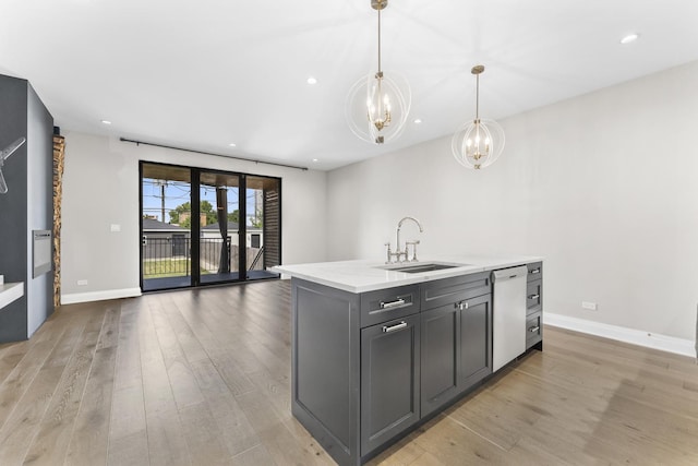 3406 N Keating Ave, Chicago, IL 60641 - kitchen with dishwasher, a chandelier, light wood-style flooring, gray cabinets, and recessed lighting