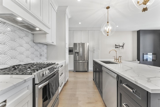 3406 N Keating Ave, Chicago, IL 60641 - kitchen featuring appliances with stainless steel finishes, custom exhaust hood, a chandelier, white cabinetry, and recessed lighting