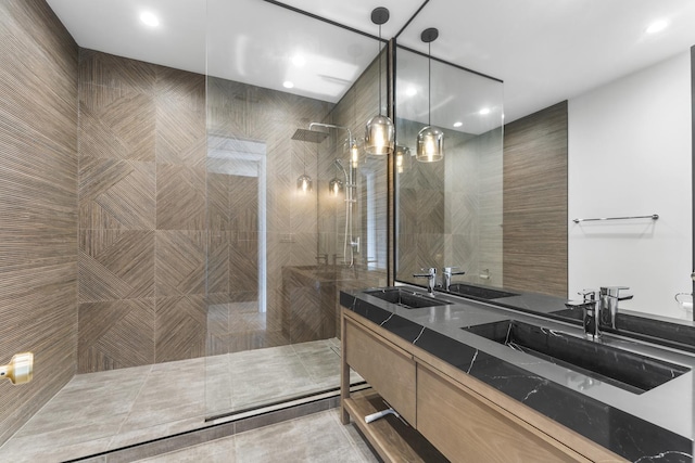 3406 N Keating Ave, Chicago, IL 60641 - full bathroom featuring a walk in shower, double vanity, and recessed lighting