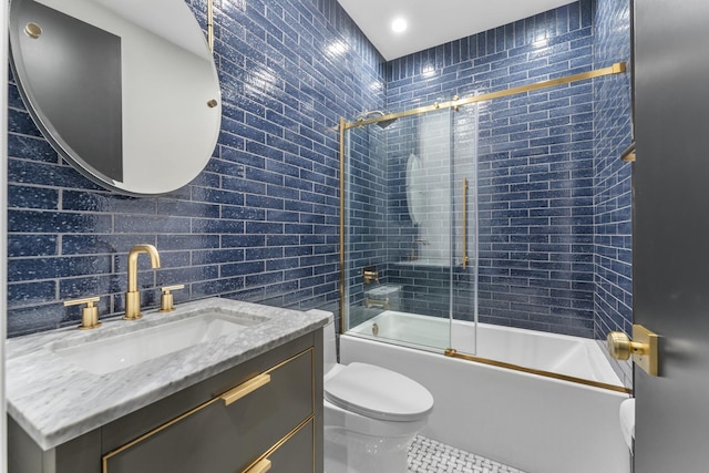 3406 N Keating Ave, Chicago, IL 60641 - bathroom featuring enclosed tub / shower combo, vanity, tile walls, and tile patterned flooring