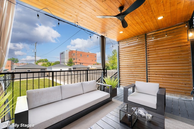 3406 N Keating Ave, Chicago, IL 60641 - deck with outdoor lounge area, a yard, and a ceiling fan