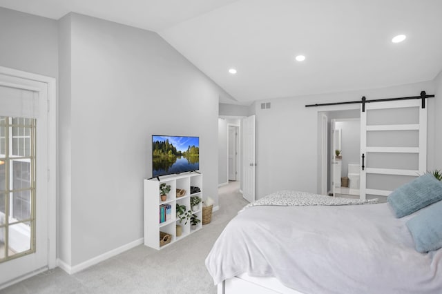 886 Ann Arbor Ln, Vernon Hills, IL 60061 - bedroom featuring light carpet, vaulted ceiling, a barn door, recessed lighting, and baseboards