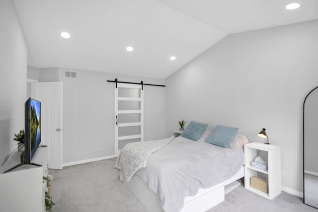 886 Ann Arbor Ln, Vernon Hills, IL 60061 - carpeted bedroom featuring a barn door, vaulted ceiling, recessed lighting, and baseboards
