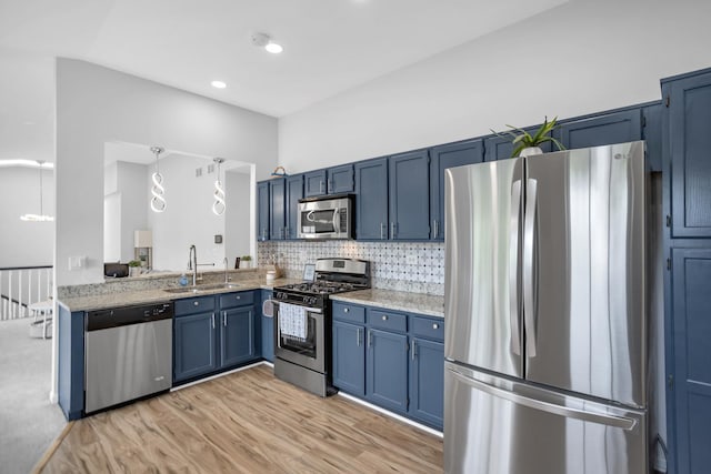 886 Ann Arbor Ln, Vernon Hills, IL 60061 - kitchen with appliances with stainless steel finishes, a sink, blue cabinetry, light wood finished floors, and decorative backsplash