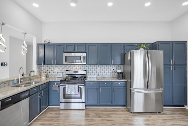 886 Ann Arbor Ln, Vernon Hills, IL 60061 - kitchen featuring appliances with stainless steel finishes, a sink, blue cabinets, light stone counters, and recessed lighting