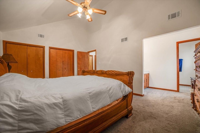 16308 S Peerless Ct, Plainfield, IL 60586 - carpeted bedroom featuring high vaulted ceiling, two closets, baseboards, and a ceiling fan