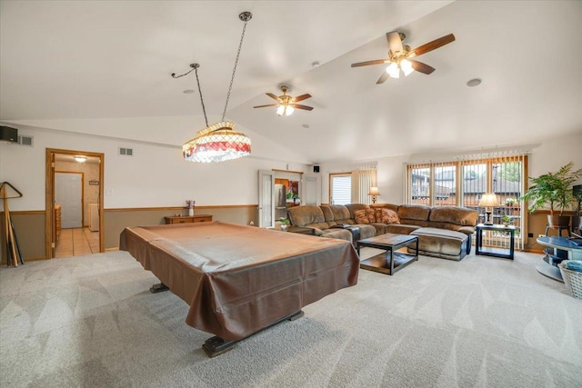 16308 S Peerless Ct, Plainfield, IL 60586 - rec room featuring light colored carpet, vaulted ceiling, ceiling fan, and pool table