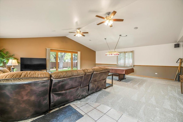 16308 S Peerless Ct, Plainfield, IL 60586 - carpeted living area with vaulted ceiling, billiards table, a ceiling fan, and baseboards