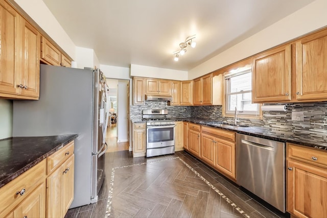 5560 W Ardmore Ave, Chicago, IL 60646 - kitchen with stainless steel appliances, a sink, under cabinet range hood, tasteful backsplash, and dark stone countertops
