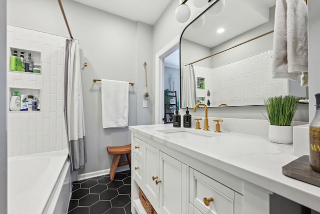 2149 N Seminary Ave Unit A, Chicago, IL 60614 - bathroom with vanity, tile patterned floors, baseboards, shower / tub combo with curtain, and recessed lighting