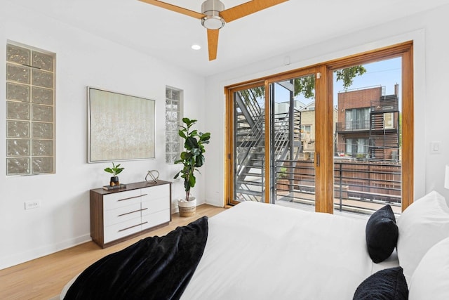 921 N Honore St Unit B, Chicago, IL 60622 - bedroom with baseboards, access to outside, wood finished floors, ceiling fan, and recessed lighting