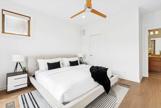 921 N Honore St Unit B, Chicago, IL 60622 - bedroom featuring light wood-style flooring, baseboards, recessed lighting, and a ceiling fan