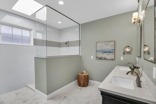 2502 Prairie Ridge Pl, Champaign, IL 61822 - full bathroom with marble look tile flooring, a walk in shower, a skylight, double vanity, and baseboards