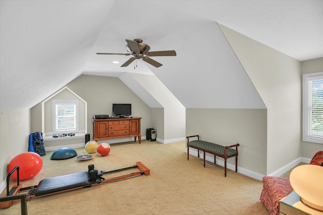2502 Prairie Ridge Pl, Champaign, IL 61822 - exercise area with vaulted ceiling, light carpet, baseboards, and a ceiling fan