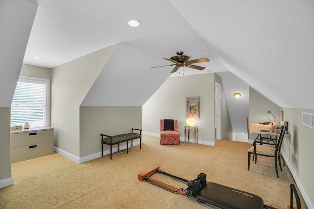 2502 Prairie Ridge Pl, Champaign, IL 61822 - exercise room with light colored carpet, lofted ceiling, ceiling fan, baseboards, and recessed lighting