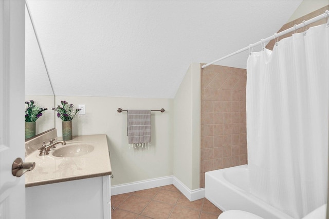 2502 Prairie Ridge Pl, Champaign, IL 61822 - full bath with vaulted ceiling, tile patterned flooring, vanity, baseboards, and shower / bathtub combination with curtain