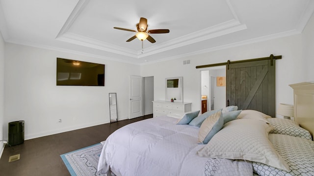 16002 S Selfridge Cir, Plainfield, IL 60586 - bedroom with a barn door, a tray ceiling, ornamental molding, ceiling fan, and baseboards