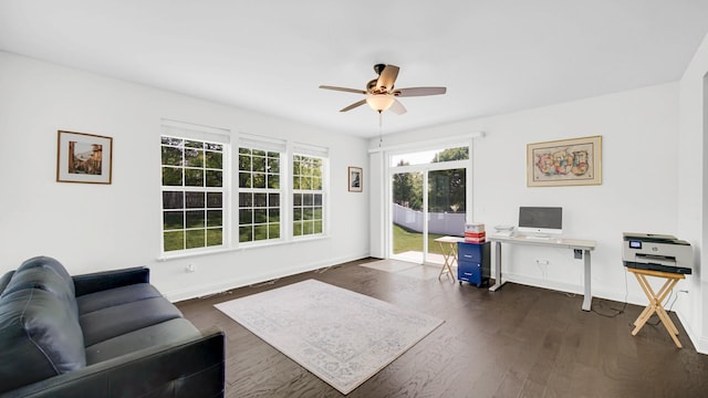16002 S Selfridge Cir, Plainfield, IL 60586 - living room featuring a ceiling fan, dark wood finished floors, baseboards, and an office area