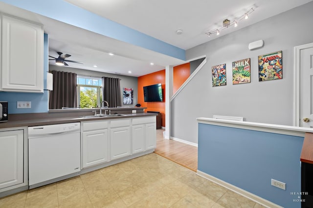 2015 Limestone Ln, Carpentersville, IL 60110 - kitchen featuring dishwasher, a sink, white cabinetry, a peninsula, and a ceiling fan