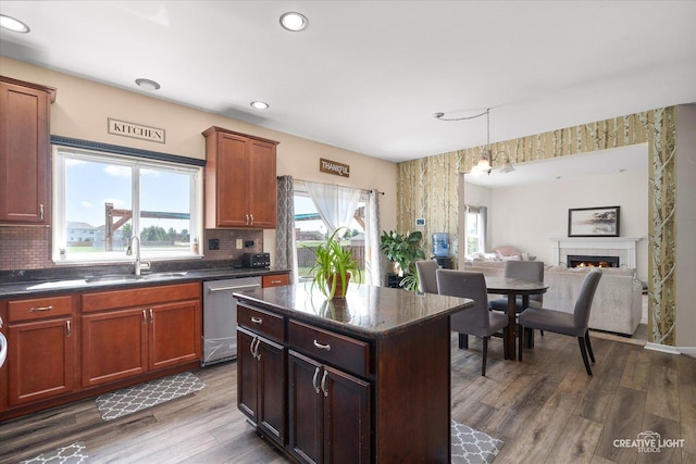 1104 Breckenridge Ln, Shorewood, IL 60404 - kitchen with dishwasher, backsplash, dark wood-type flooring, recessed lighting, and open floor plan