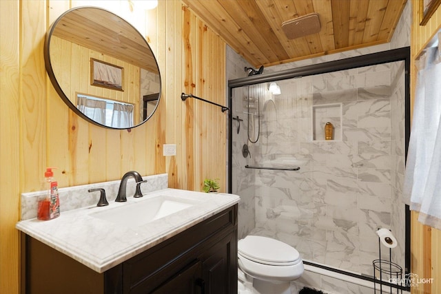 1104 Breckenridge Ln, Shorewood, IL 60404 - bathroom with vanity, a shower stall, wood walls, a baseboard heating unit, and wooden ceiling