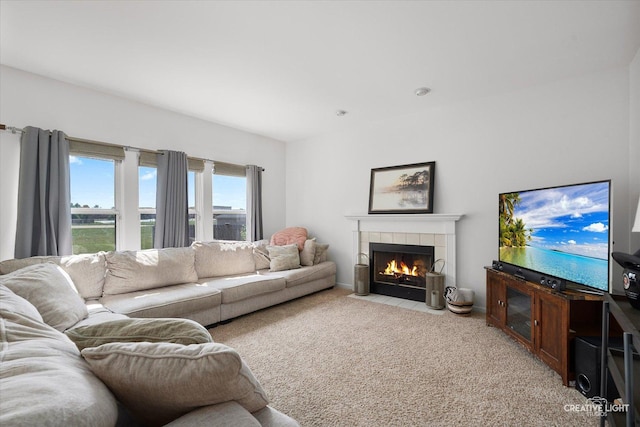 1104 Breckenridge Ln, Shorewood, IL 60404 - living room featuring light carpet and a tiled fireplace
