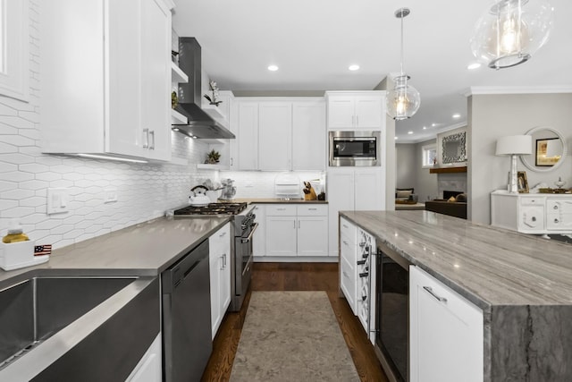 439 Thomas Ave, Forest Park, IL 60130 - kitchen with stainless steel appliances, wall chimney range hood, open shelves, dark wood finished floors, and white cabinetry
