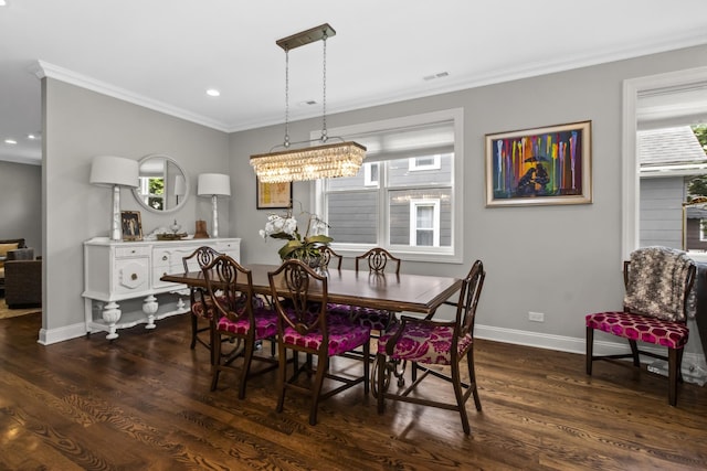 439 Thomas Ave, Forest Park, IL 60130 - dining space featuring crown molding, dark wood-style floors, recessed lighting, and a chandelier