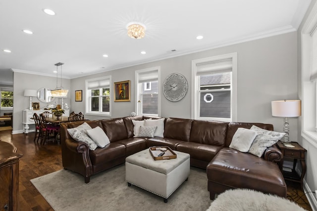 439 Thomas Ave, Forest Park, IL 60130 - living area with wood finished floors, ornamental molding, and recessed lighting