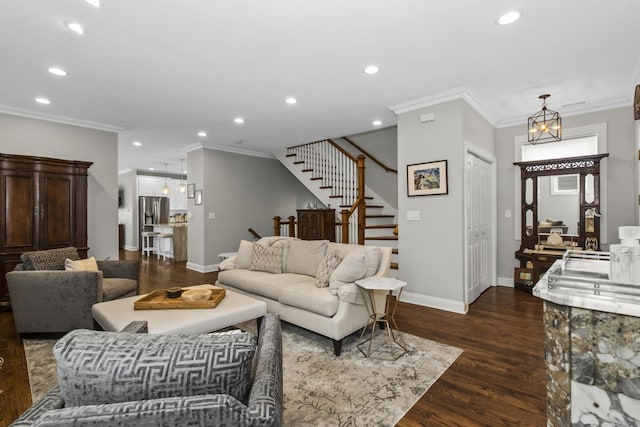 439 Thomas Ave, Forest Park, IL 60130 - living room featuring stairs, dark wood-style floors, ornamental molding, and recessed lighting