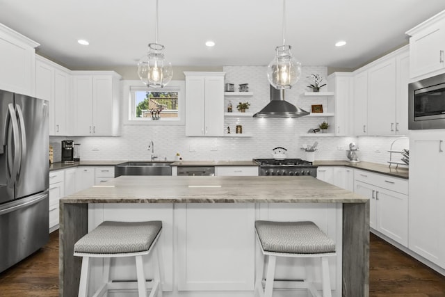 439 Thomas Ave, Forest Park, IL 60130 - kitchen with stainless steel appliances, open shelves, backsplash, white cabinetry, and recessed lighting