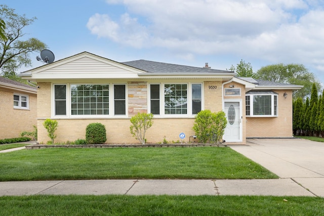 9330 Kolmar Ave, Skokie, IL 60076 - ranch-style house featuring brick siding, a front yard, roof with shingles, and a chimney