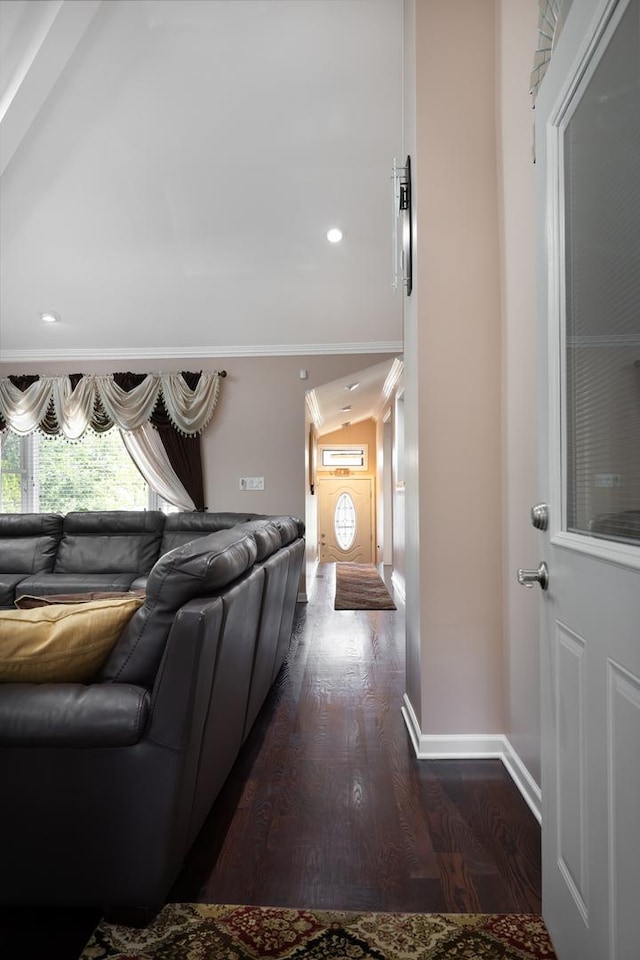 9330 Kolmar Ave, Skokie, IL 60076 - living area with baseboards, dark wood-style flooring, and crown molding