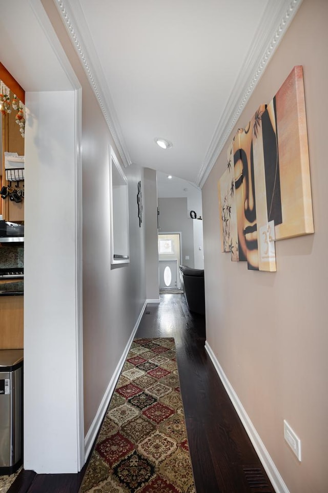 9330 Kolmar Ave, Skokie, IL 60076 - hall featuring dark wood finished floors, crown molding, baseboards, and recessed lighting