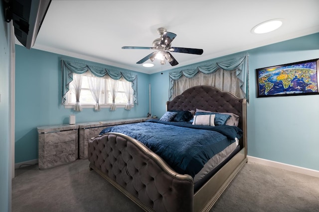 9330 Kolmar Ave, Skokie, IL 60076 - bedroom with carpet floors, baseboards, crown molding, and ceiling fan