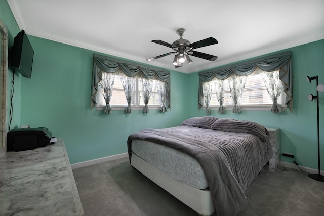 9330 Kolmar Ave, Skokie, IL 60076 - bedroom featuring carpet floors, ornamental molding, baseboards, and a ceiling fan