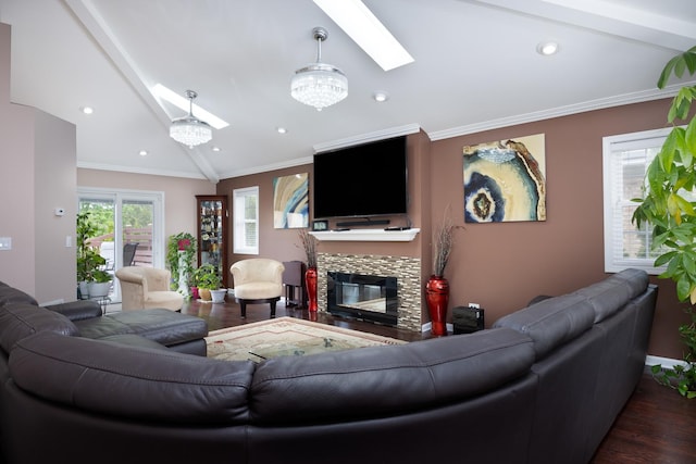 9330 Kolmar Ave, Skokie, IL 60076 - living area with a skylight, wood finished floors, a fireplace, baseboards, and recessed lighting