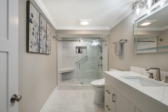 9330 Kolmar Ave, Skokie, IL 60076 - full bathroom with marble finish floors, toilet, vanity, a marble finish shower, and crown molding