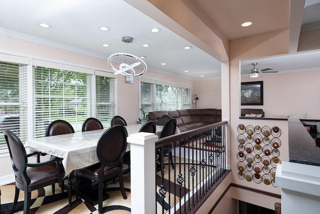 9330 Kolmar Ave, Skokie, IL 60076 - dining area featuring recessed lighting, crown molding, a chandelier, and ceiling fan