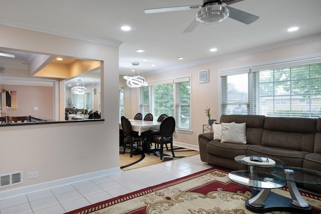 9330 Kolmar Ave, Skokie, IL 60076 - living room with crown molding, light tile patterned floors, baseboards, recessed lighting, and a ceiling fan