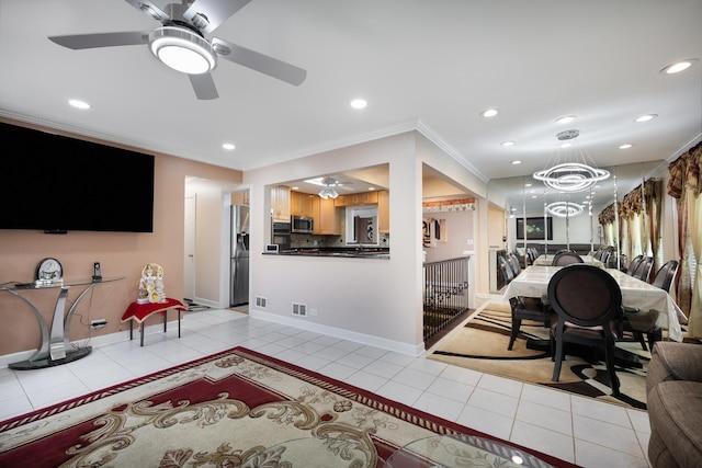 9330 Kolmar Ave, Skokie, IL 60076 - living room featuring light tile patterned flooring, recessed lighting, crown molding, a ceiling fan, and baseboards